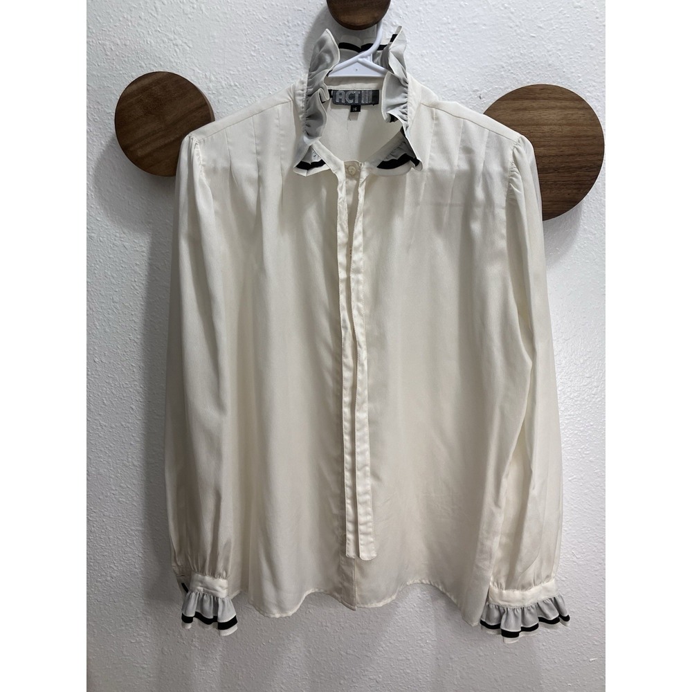 Act III Vintage 70s Victorian Edwardian Women's Blouse Size 16 Black & Ivory
